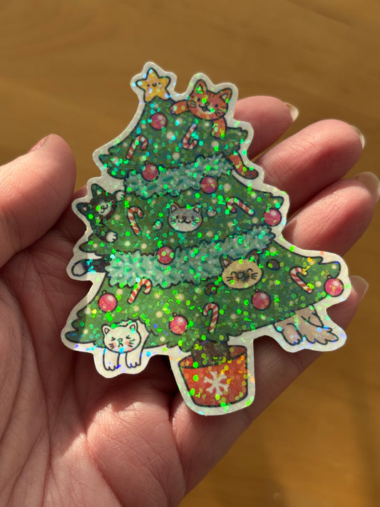 Meowy Christmas holographic vinyl sticker (large)