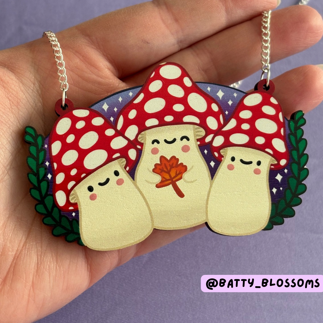 Toadstool Trio wooden statement necklace