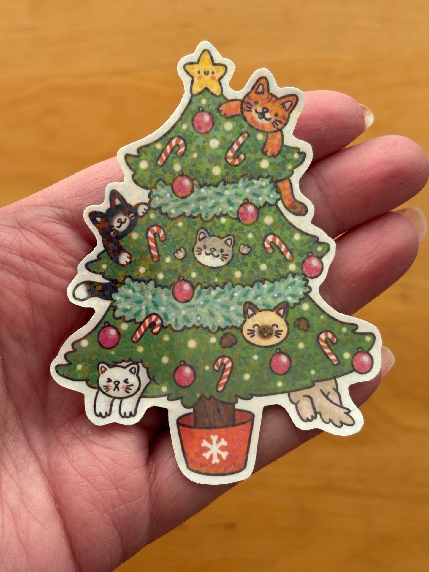 Meowy Christmas holographic vinyl sticker (large)