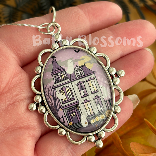 Large Haunted House cameo necklace