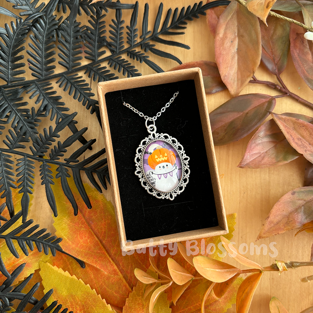 Pumpkin ghost cameo necklace