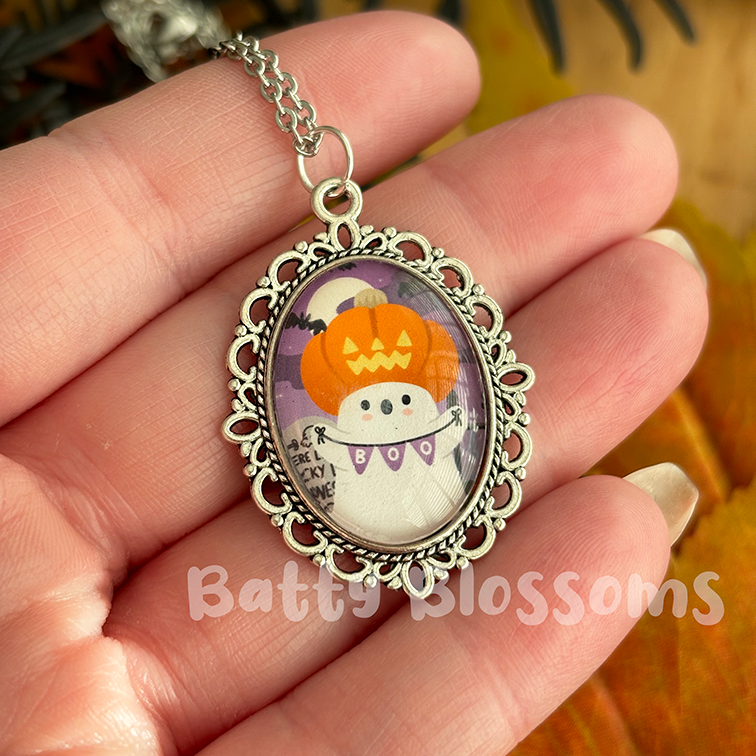 Pumpkin ghost cameo necklace